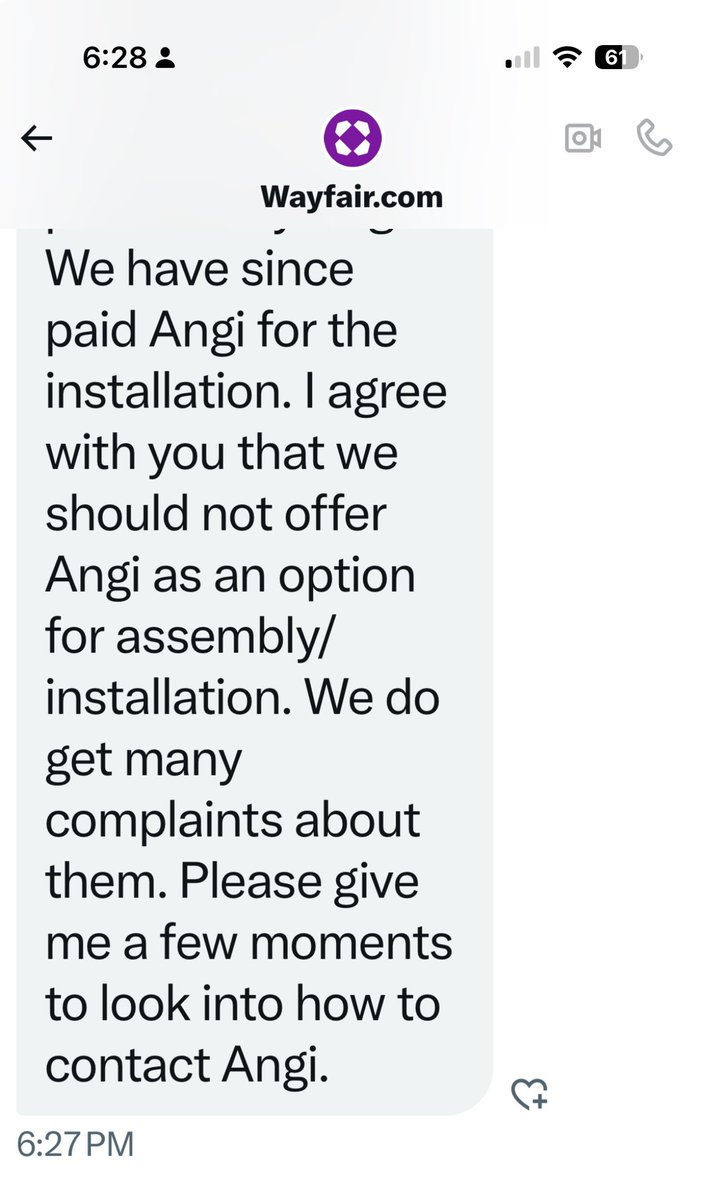 Update: Here’s what <a href="/Wayfair/">Wayfair.com</a> customer service has to say about their “partner” <a href="/angi_home/">Angi (Formerly Angie's List)</a>. So, let me get this right: You charged us for a service you don’t stand behind.
