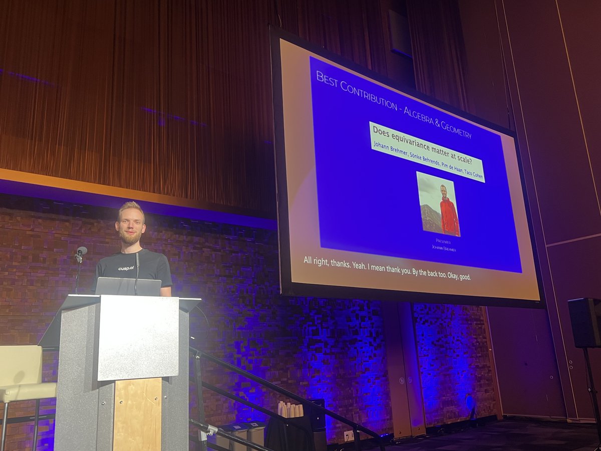 neur_reps's tweet image. The best paper award for the Algebra and Geometry track goes to &quot;Does Equivariance Matter at Scale?&quot; presented by Johann Brehmer.