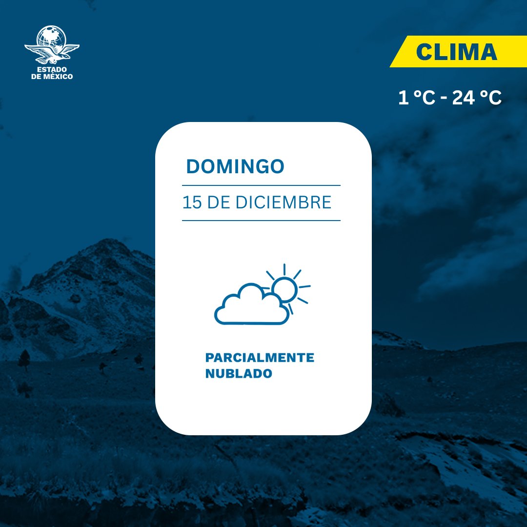 Univ_Edomex's tweet photo. 🌦 #Clima en el #Edomes este 15 de Diciembre:
🕓 Por la mañana estará el cielo despejado, bancos de #niebla al #amanecer y ambiente frío.
🌞Por la tarde habrá ambiente templado a #cálido y cielo parcialmente nublado, sin #lluvia.
🌡 Temperaturas:
Mínima: 1-3°C
Máxima: 22-24°C https://t.co/0zcdKJkkvj