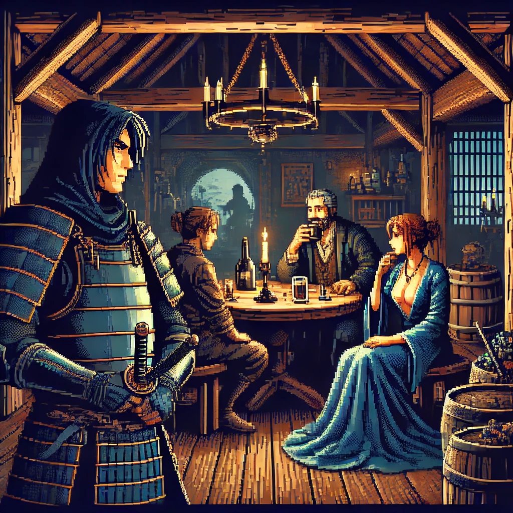 AiLover02's tweet photo. the samurai hidden behind the mysterious man because in case of attack he would not have seen him does not trust him a drawing certainly was not enough for them to trust him I needed the evidence and decides to get closer #dark #darkfantasy #aiart #ai #fantasy  #story #pixel https://t.co/Z6gPlRDlqX