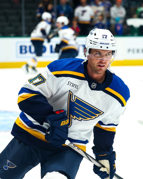 Cam Fowler on ice for warmups in a Blues uniform.