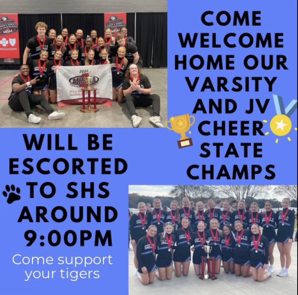 BIG weekend for both SHS Dance &amp; Cheer!!! SHS Dance placed 3rd in Game Day at State! JV Cheer won State, and Varsity Cheer finished as Back-to-Back State Champs!!! Welcome the Cheer Team home at 9:00 tonight! #OurCircusOurTigers