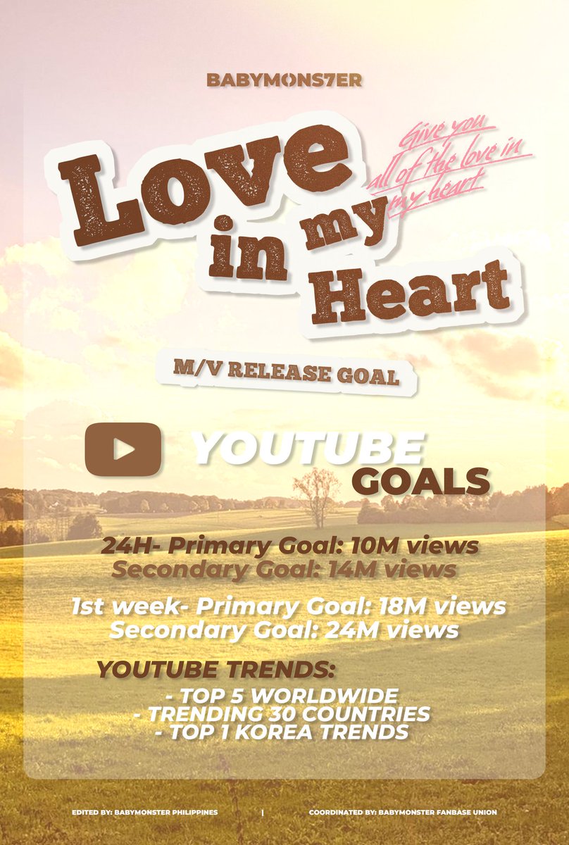 [📢] BABYMONSTER ‘LOVE IN MY HEART’ MV GOAL

Make sure you are ready for this comeback. Let's achieve these goals together 🍂

🗓 12.16. 12AM KST / 12.15. 10AM EST

#BABYMONSTER #베이비몬스터 
<a href="/YGBABYMONSTER_/">BABYMONSTER</a>