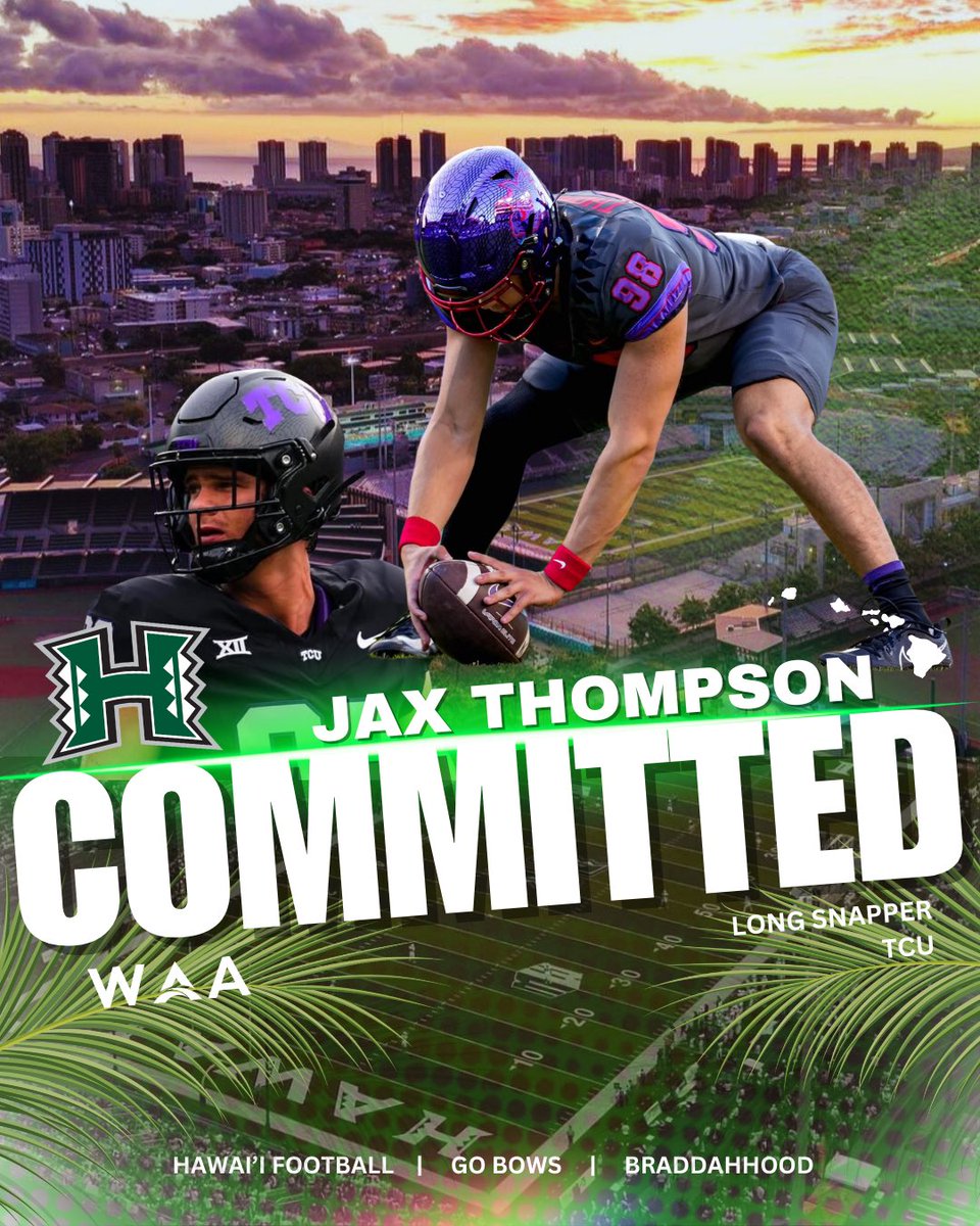 Warrior All Access (@warrioraccess) on Twitter photo <a href="/HawaiiFootball/">Hawaii Football</a> lands a commitment from
LS Jax Thompson <a href="/JaxTheSnappa/">Jax Thompson</a>
#BRADDAHHOOD #GoBows <a href="/HawaiiFootball/">Hawaii Football</a> lands a commitment from
LS Jax Thompson <a href="/JaxTheSnappa/">Jax Thompson</a>
#BRADDAHHOOD #GoBows