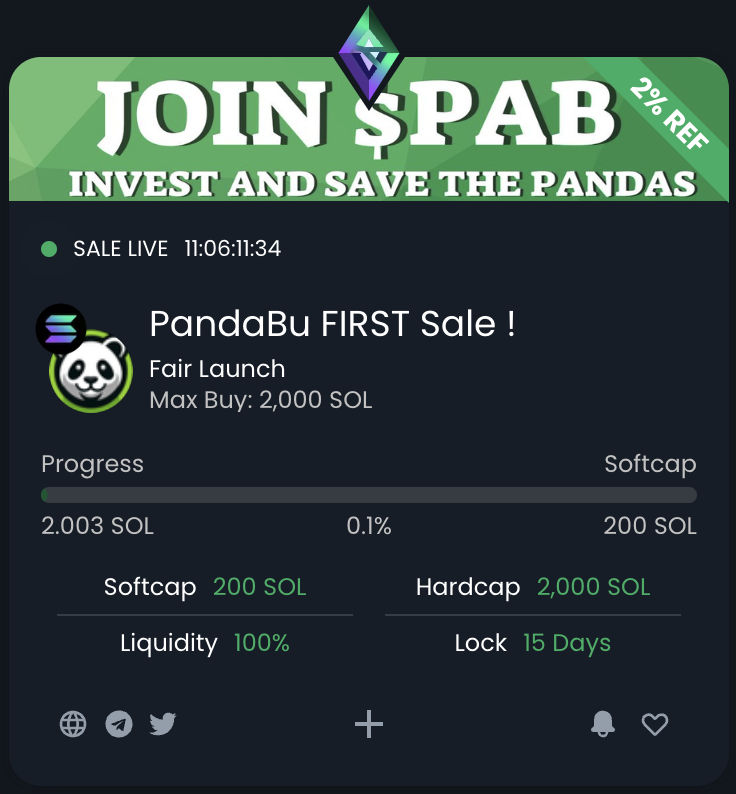 Help us reach our cap and join the movement 🚀🐼

For all those who help us reach the final goal, we offer $100,000 PAB 🐼

Drop your $SOL address below, Follow 🔔 &amp; RT 🔄

👉 solsale.app/presale/5bS6u2…

$SOL #SOLANA #AIRDROP $bome $wif $ACT $PNUT $GOAT $BAN #SolanaAirdrop #GEMPAD