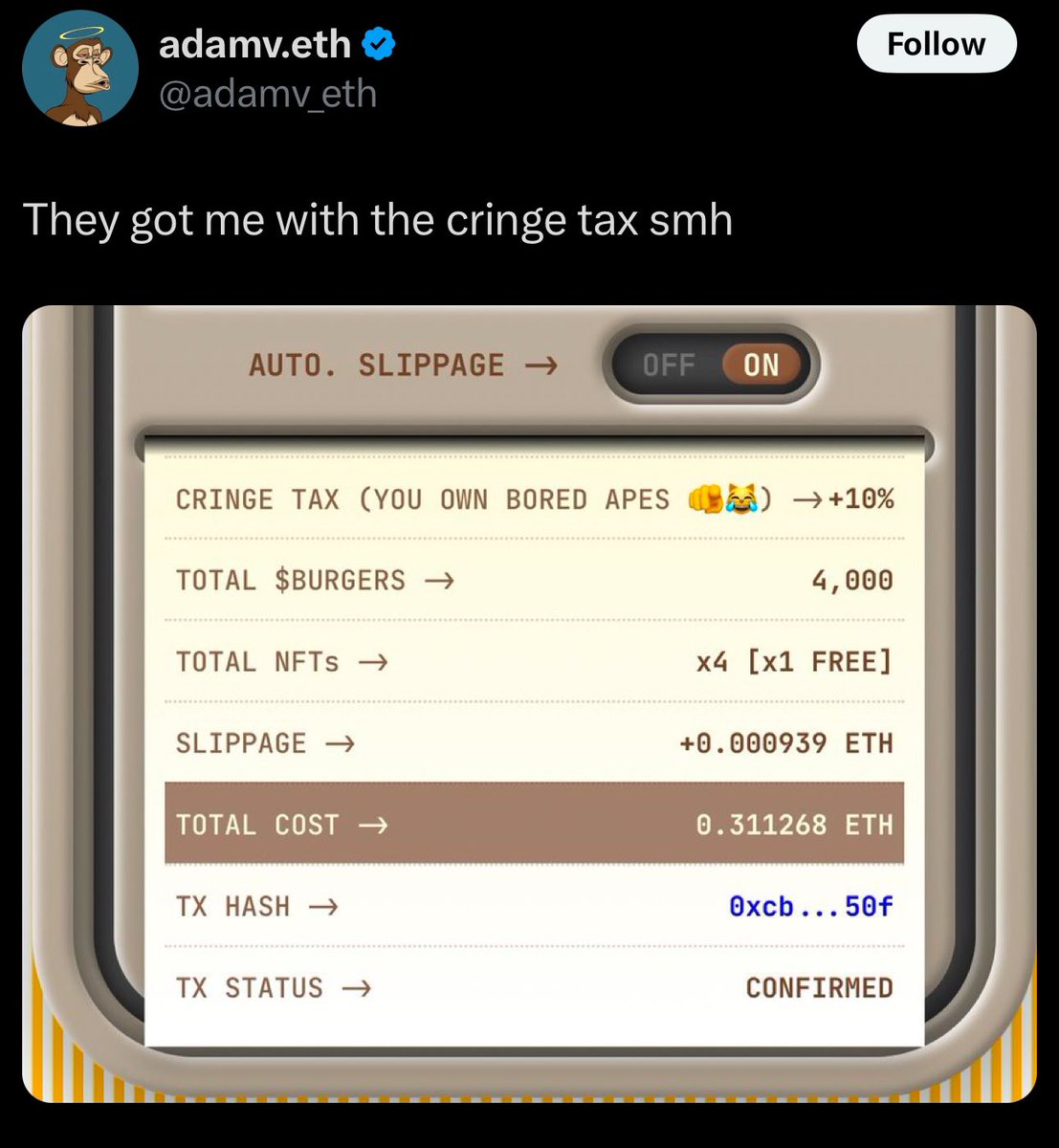 A 10% cringe tax for owning a Bored Ape. 

And you all say there’s no more innovation in crypto.