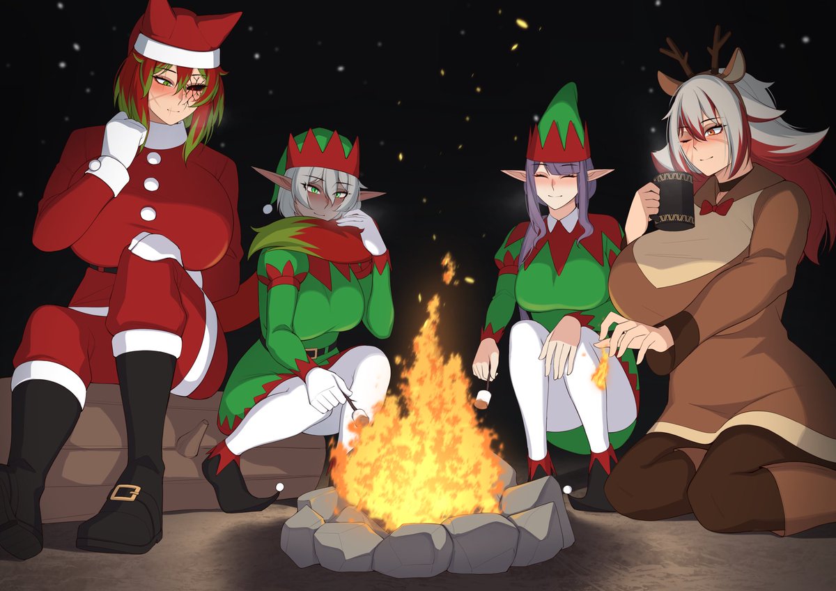 Superdave_2003's tweet photo. Danelle and Nymis camping out with their friends Yvonne and Ajeng for the holidays! Thanks to @m_riidi for the artwork! https://t.co/pPVRP6ITTh