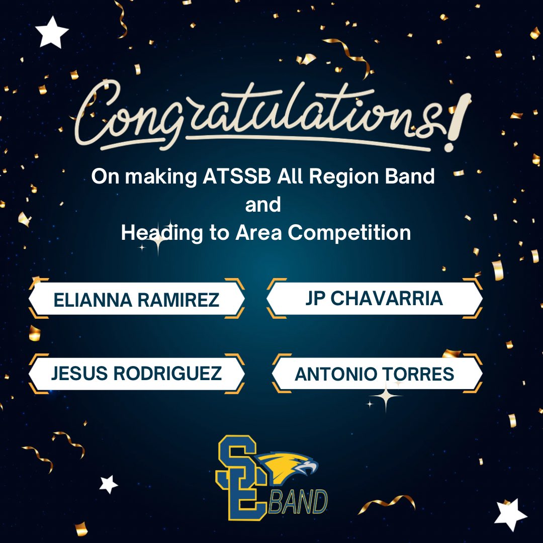 Amazing job by all our Eagle Band members that participated in today’s ATSSB Audition. We have 4 that made it to the All-Region Band and will continue on to the Area round in Lubbock, TX in January! #SEHSTheBest #ThisIsOurJourney
