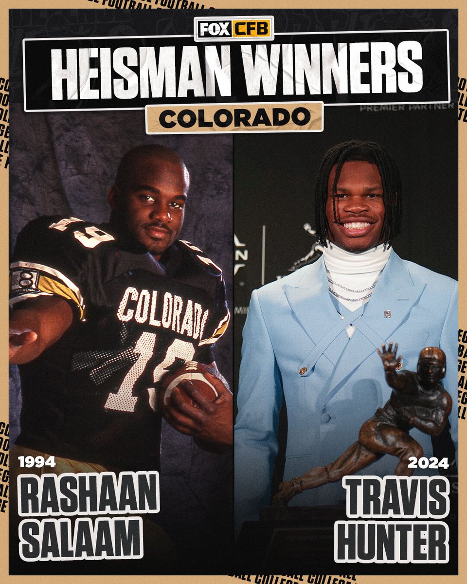 CFBONFOX's tweet image. Two Heisman winners 30 years apart 🏆🏆🦬

Travis Hunter becomes the second @CUBuffsFootball player to win the Heisman trophy 👏