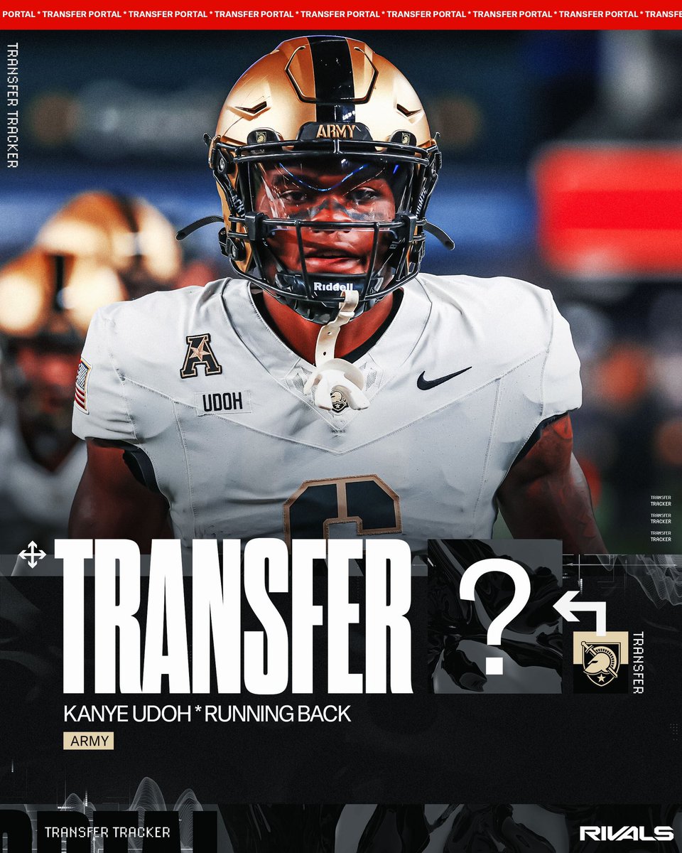 RivalsPortal's tweet image. Army RB Kanye Udoh is entering the transfer portal, per reports.

Udoh ran for 53 yards in Army’s 31-13 loss to Navy today.

Udoh has 2 years of eligibility remaining after rushing for 1,641 yards and 11 TDs at Army.