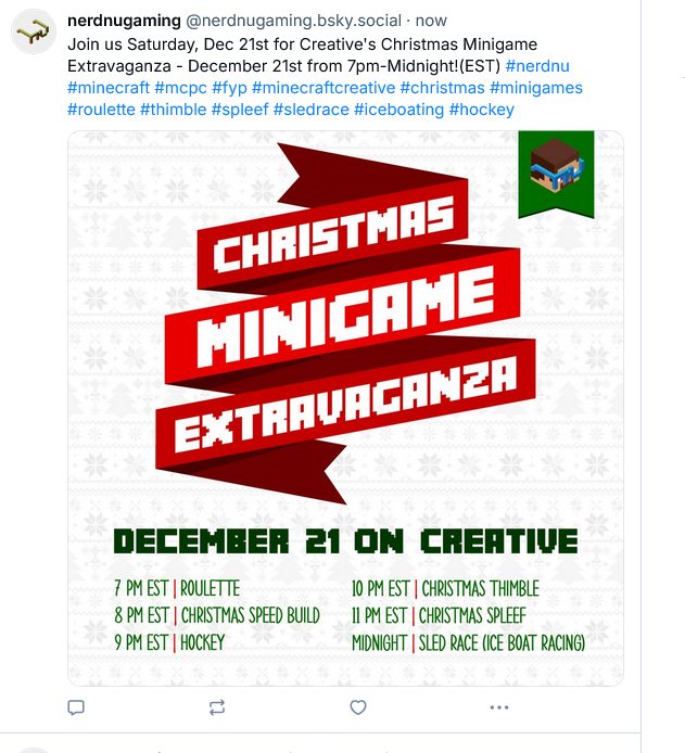 nerdnugaming's tweet image. Join us Saturday, Dec 21st for Creative&apos;s Christmas Minigame Extravaganza - December 21st from 7pm-Midnight!(EST) #nerdnu  #minecraft  #mcpc  #fyp  #minecraftcreative  #christmas  #minigames  #roulette  #thimble  #spleef #sledrace  #iceboating
 #hockey