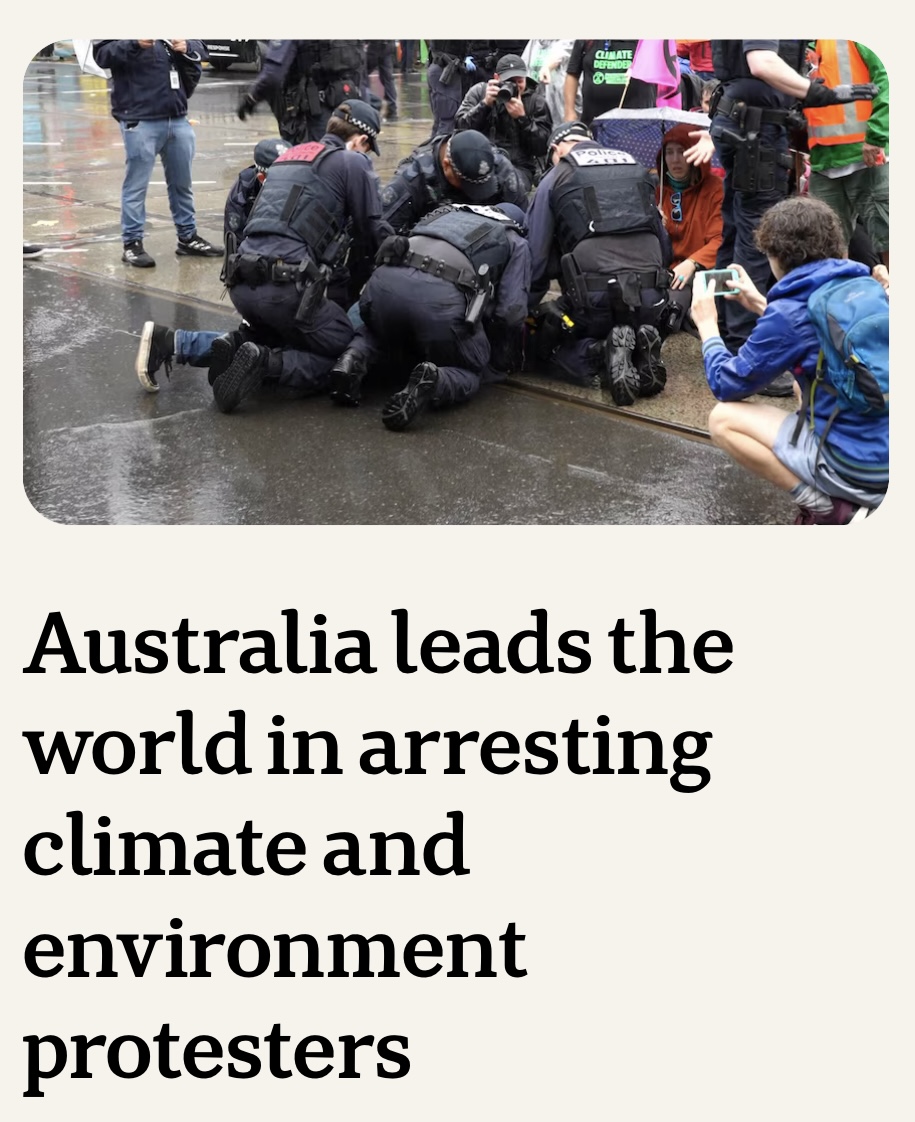 20% of all climate and environment protests in Australia involve arrests, more than three times the global average of 6.3%. Maybe this has something to do with Labor and the LNP taking large 'donations' from fossil fuel corporations in particular 🙄

abc.net.au/news/2024-12-1…