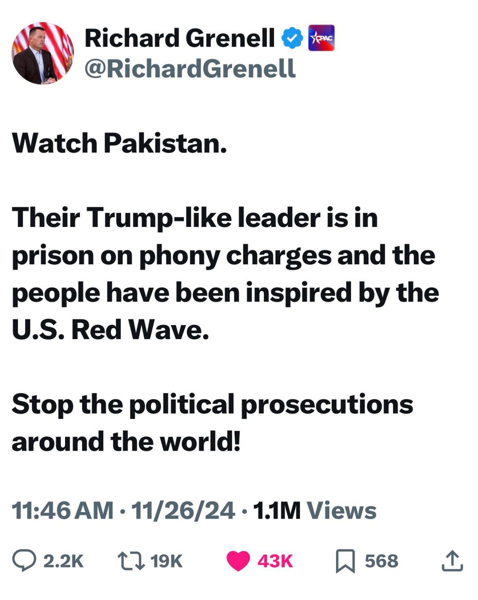 Dr. Shahbaz GiLL (@shabazgil) on Twitter photo Huge congratulations to <a href="/RichardGrenell/">Richard Grenell</a> on his appointment as Special Envoy by President Trump! Looking forward to seeing your efforts in promoting democracy and freedom of speech in Pakistan. Your previous advocacy for the release of former PM Imran Khan was truly commendable. Huge congratulations to <a href="/RichardGrenell/">Richard Grenell</a> on his appointment as Special Envoy by President Trump! Looking forward to seeing your efforts in promoting democracy and freedom of speech in Pakistan. Your previous advocacy for the release of former PM Imran Khan was truly commendable.