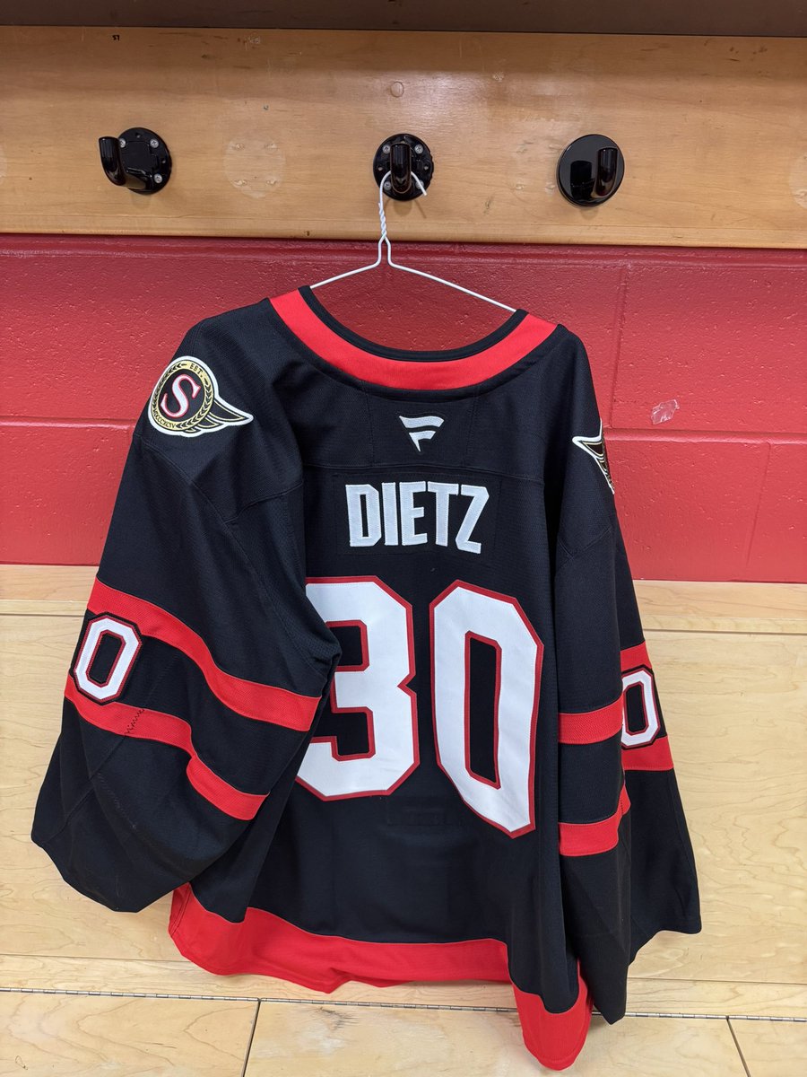 jkamckenzie's tweet photo. Zach Dietz’s jersey. Turns out he was sitting all alone in a dressing room in case he needed to be played. He was at the game with his girlfriend wearing a signed Josh Norris jersey. And then he got pressed into service. https://t.co/J5gGQI0aHk