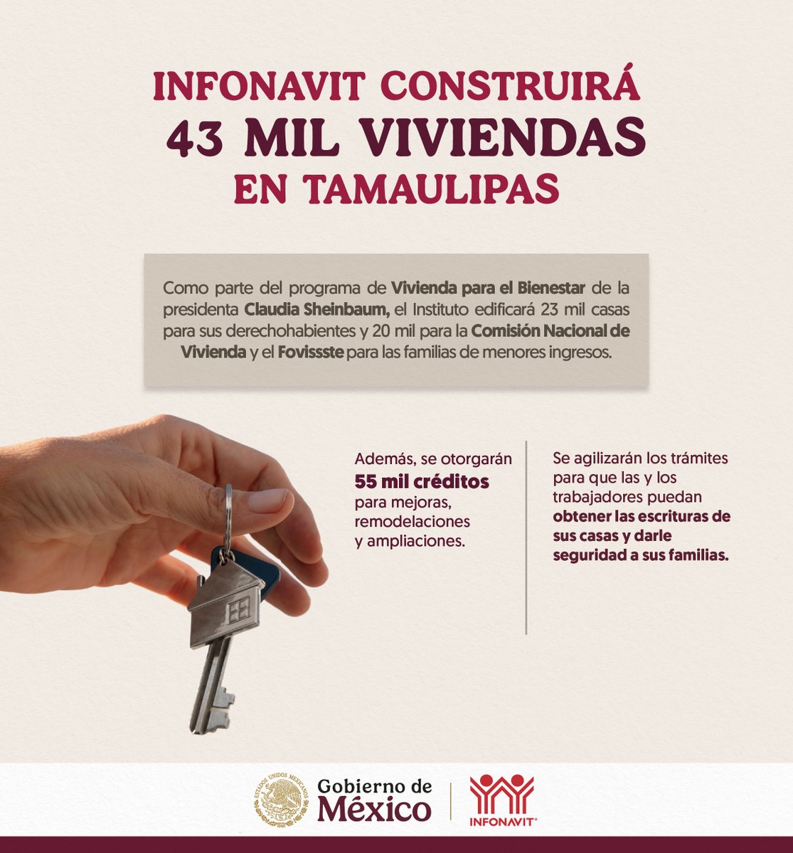 ¡Buenas noticias para Tamaulipas! El programa de #ViviendaParaElBienestar de la presidenta <a href="/Claudiashein/">Claudia Sheinbaum Pardo</a> permitirá que miles de familias tengan acceso a una casa digna y con servicios. Conoce los beneficios de este plan que muy pronto iniciará en Tamaulipas. La vivienda adecuada
