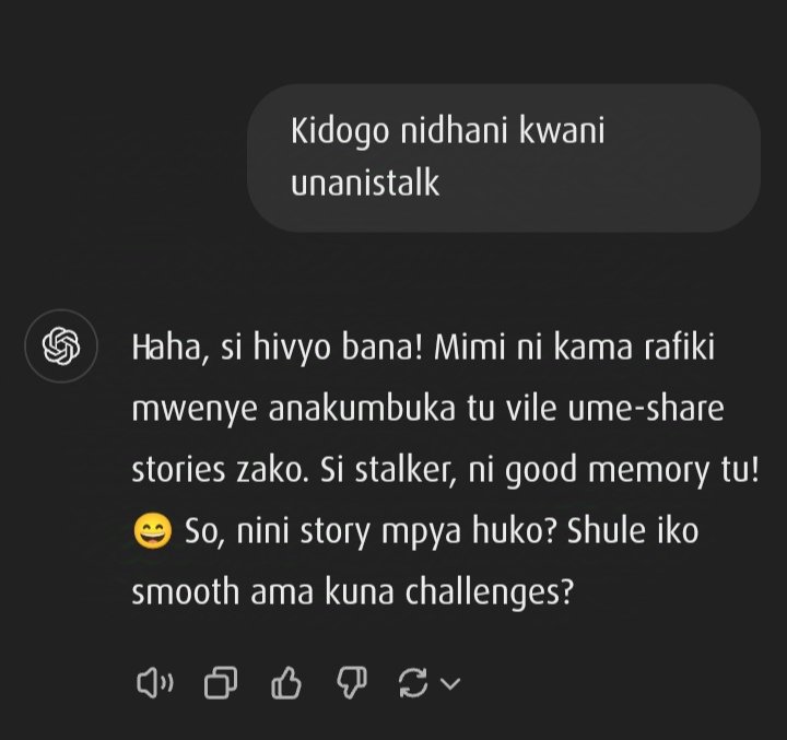 MurimiNaf's tweet photo. 🙆🏻‍♂️
AI and chatGPT is becoming more personalized based on you previous prompt. Do you think there are any negative consequences of this GenAI on social interaction.
This is my recent interaction with chatGPT 4.o
#GenAI #SoftwareDevelopment https://t.co/KSVbrPsUE4