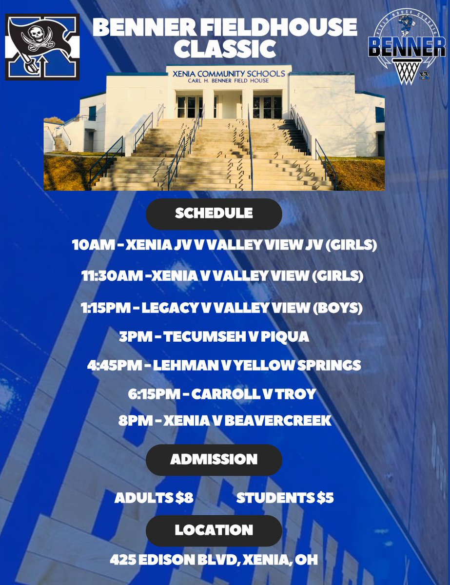 Xenia Athletics (@xeniaathletics) on Twitter photo “BENNER FIELD HOUSE CLASSIC”
14 teams
10 schools
7 conferences
All converge on historic Benner Field House tomorrow in the 2024 version of the Benner Field House Classic Monday December 30th beginning at 10am.
<a href="/Steven_Wright_/">Steven Wright</a> <a href="/marcushartman/">Marcus Hartman</a> “BENNER FIELD HOUSE CLASSIC”
14 teams
10 schools
7 conferences
All converge on historic Benner Field House tomorrow in the 2024 version of the Benner Field House Classic Monday December 30th beginning at 10am.
<a href="/Steven_Wright_/">Steven Wright</a> <a href="/marcushartman/">Marcus Hartman</a>