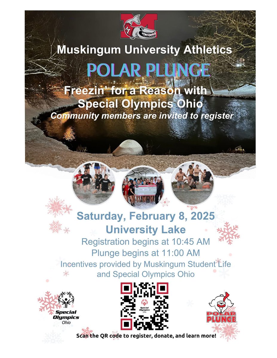 Muskingum Athletics and the Student-Athlete Advisory Committee are proud to once again partner with Special Olympics Ohio to host a Polar Plunge at University Lake on Saturday, February 8, 2025. This meaningful event unites our community in support of Special Olympics Ohio’s