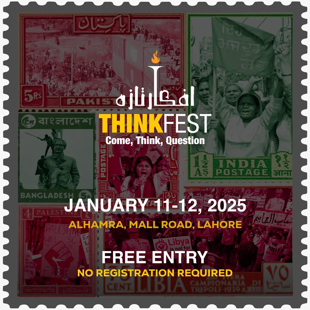 ThinkFestPK's tweet photo. Join us for #ThinkFest, January 11-12, 2025, at the @AlhamraLAC. This year our theme uses old stamps from various countries with the inside pictures changed into iconic protest images from present day to reflect the evolving reality of our world. So Come, Think, Question with us! https://t.co/4v5M6vrL00