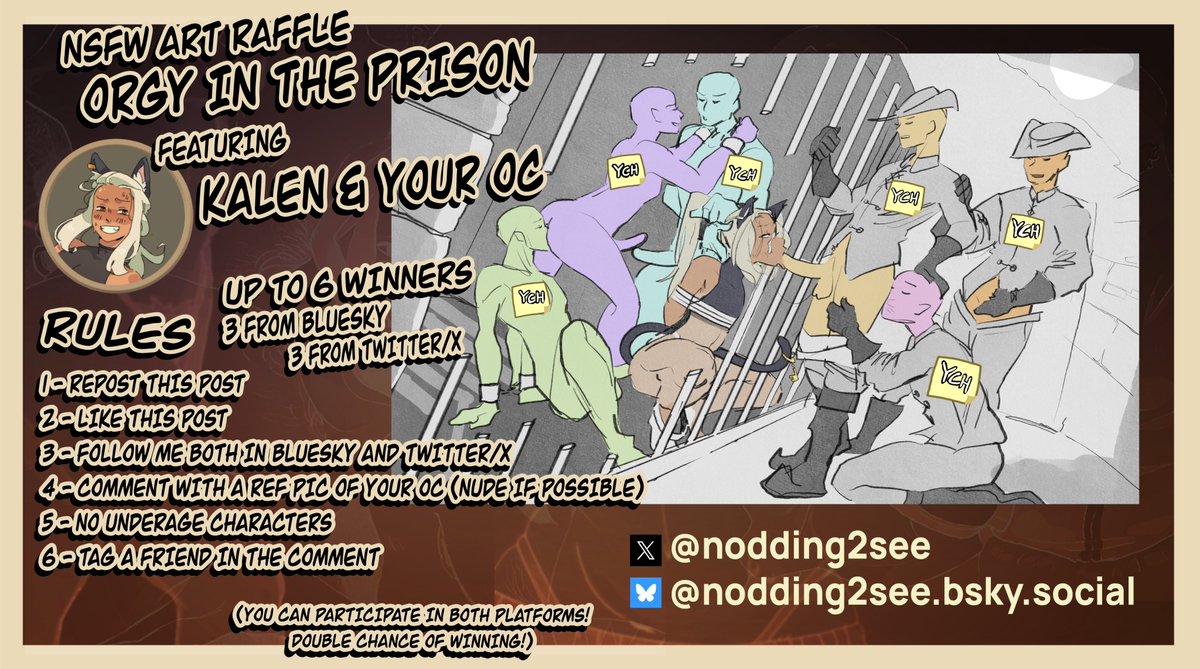 nodding2see's tweet photo. ⭐️👻 +2K (BSKY) FOLLOWERS RAFFLE  👻⭐️
🔥ORGY IN THE PRISON  🔥
😼 FEATURING MY OC KALEN AND YOUR OC  😼

🗓️ RAFFLE ENDS ON JANUARY 31th
❣️ RULES IN THE PICTURE! https://t.co/jKfhGzNH5O