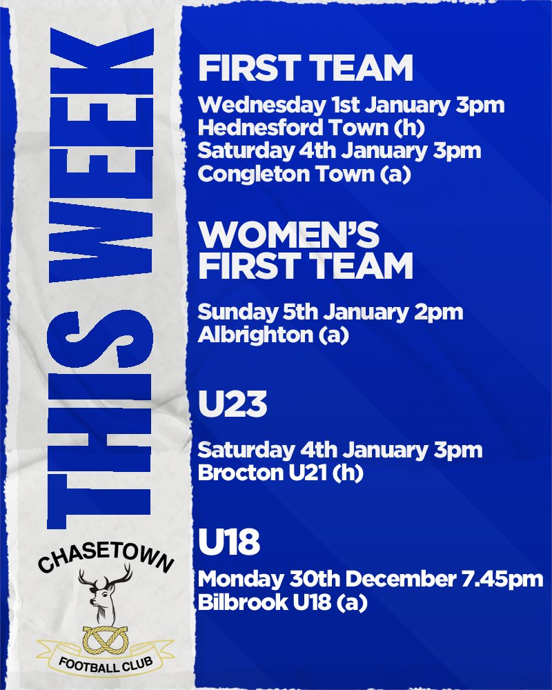 🔵🦌⚽ 𝐓𝐇𝐈𝐒 𝐖𝐄𝐄𝐊 ⚽🦌🔵

On Monday our U18s visit Bilbrook

On New Year's Day we welcome Hednesford Town to the Scholars Ground

On Saturday we travel to Congleton Town whilst our U23s host Brocton U21

On Sunday <a href="/ChasetownWomen/">Chasetown FC Women</a> are in action, with a trip to Albrighton