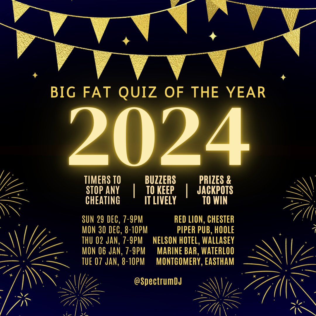 SpectrumDJ's tweet image. It&apos;s almost time for our Big Fat Quiz Of The Year! Let&apos;s test your knowledge of what&apos;s happened in 2024, through our fun and fast-paced digital pub quiz - with amazing prizes and plenty of laughs! Download the #SpeedQuizzing app and I&apos;ll see you at one of these pubs very soon...