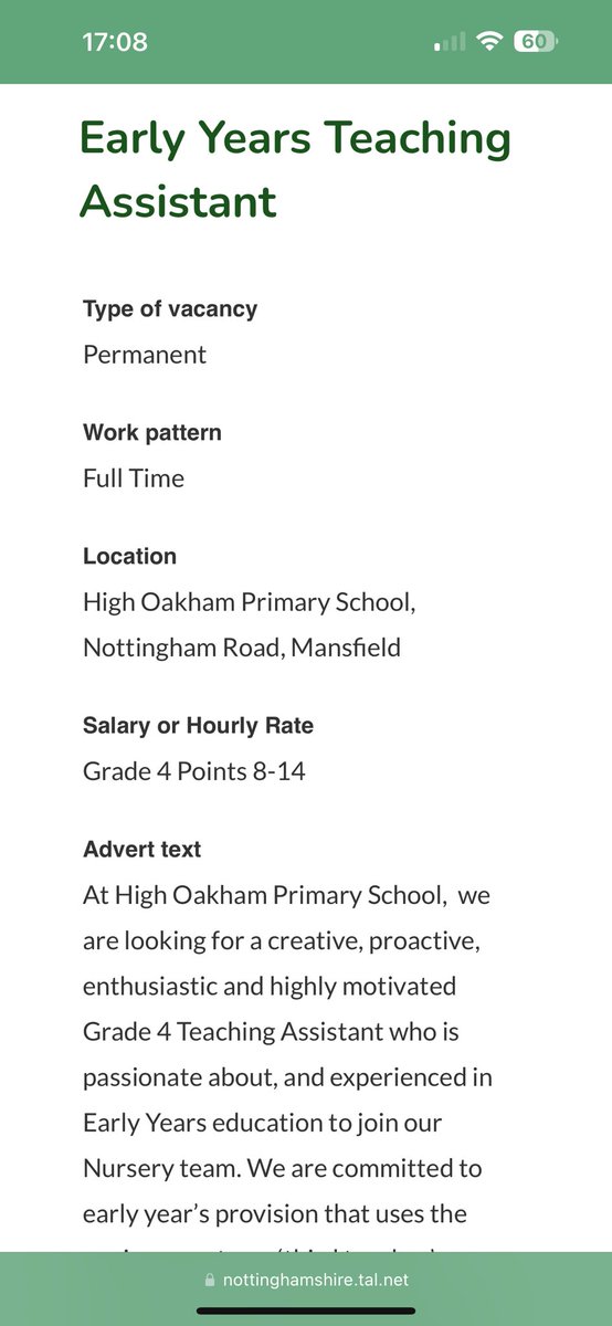 Amazing opportunity <a href="/highoakhamps/">High Oakham Primary School</a> Grade 4 EYs TA. Is it you we’re looking for?? Are you EYs to the core? Have you got the EYs bug? Are interactions your thing? Visit our website for more info! highoakham.co.uk/vacancies/
Or Notts Job pages nottinghamshire.tal.net/vx/lang-en-GB/…