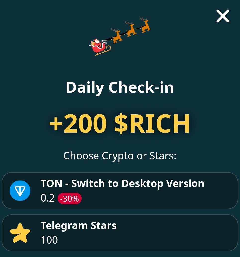 ✨ Daily Check-in Made Easier! ✨

Now you can claim your Daily Check-in rewards with Telegram Stars! ⭐ Don't let a single day slip by—stay consistent and keep collecting.

Start now, finish strong, and enjoy the rewards! 💪

Tap here to play Rich Dog:
t.me/RichDogGameBot…
