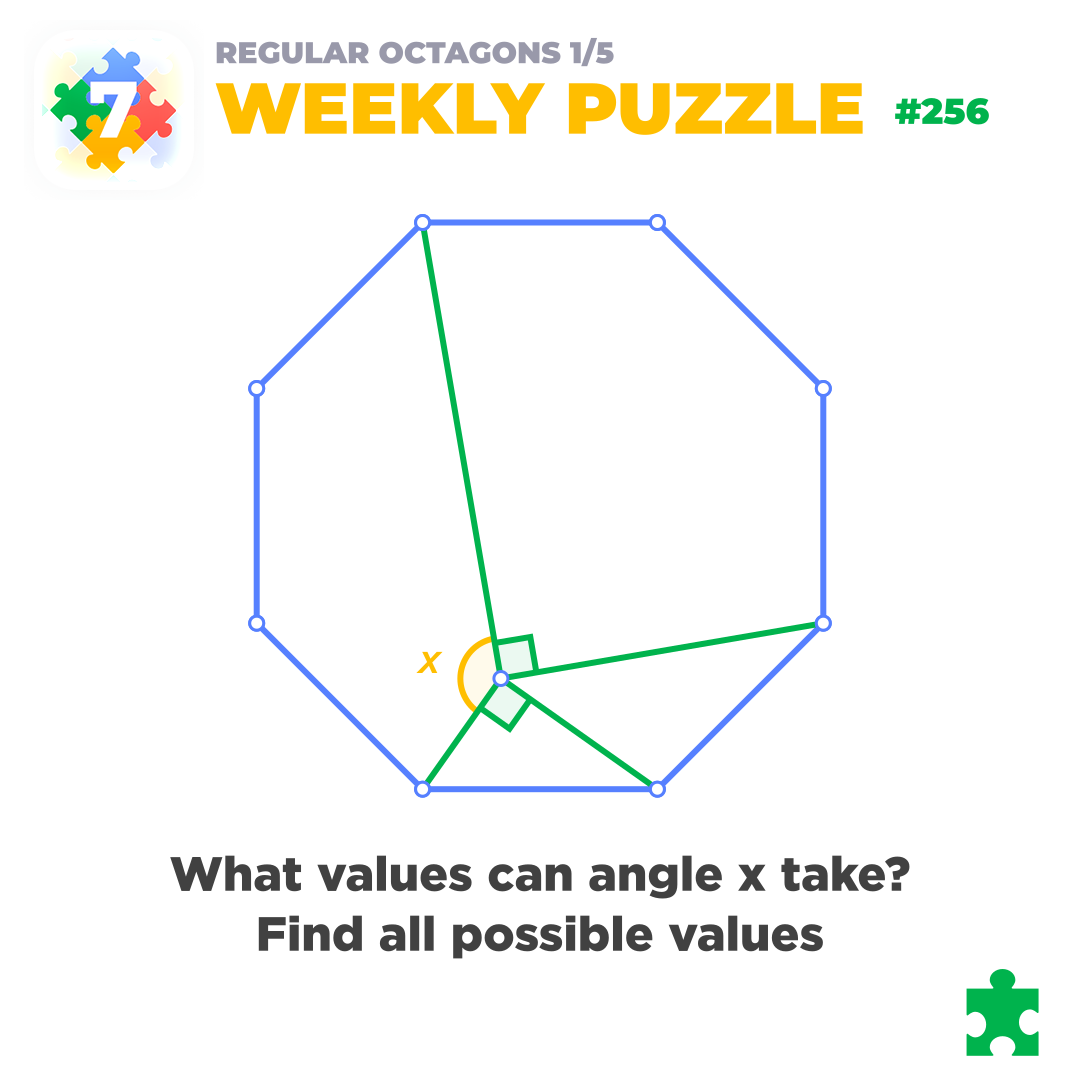 euclidea_app's tweet image. #euclidea_puzzle_256 #euclidea 

🎓 A point is chosen inside a regular octagon such that two of the angles shown in the picture are right angles. What can be the angle x? Find all possible values. 

New series of tasks &quot;Regular octagons&quot; 🤓

#math #geometry