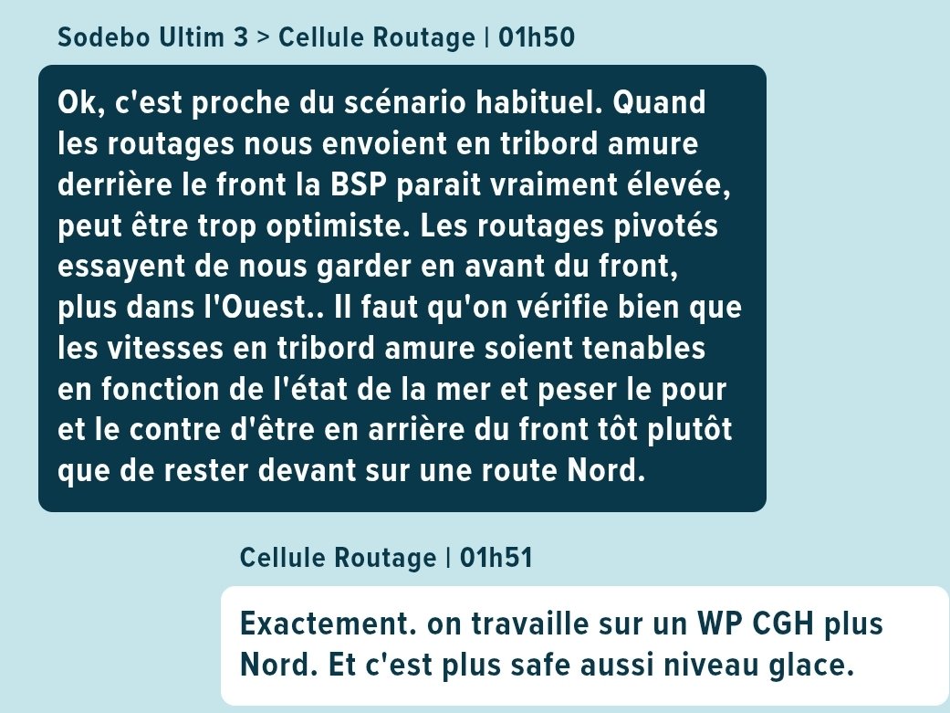 ThomasP3544's tweet photo. @Fp_GSW_ @UltimBoat Oui, ils ont fait tourner des routages en restant devant le front (donc plus nord) et en continuant davantage sud quitte à se laisser dépasser, et ont choisi de rester devant (Cf. Échanges de la nuit avec la cellulle de routage) https://t.co/PXAaBsVdv9