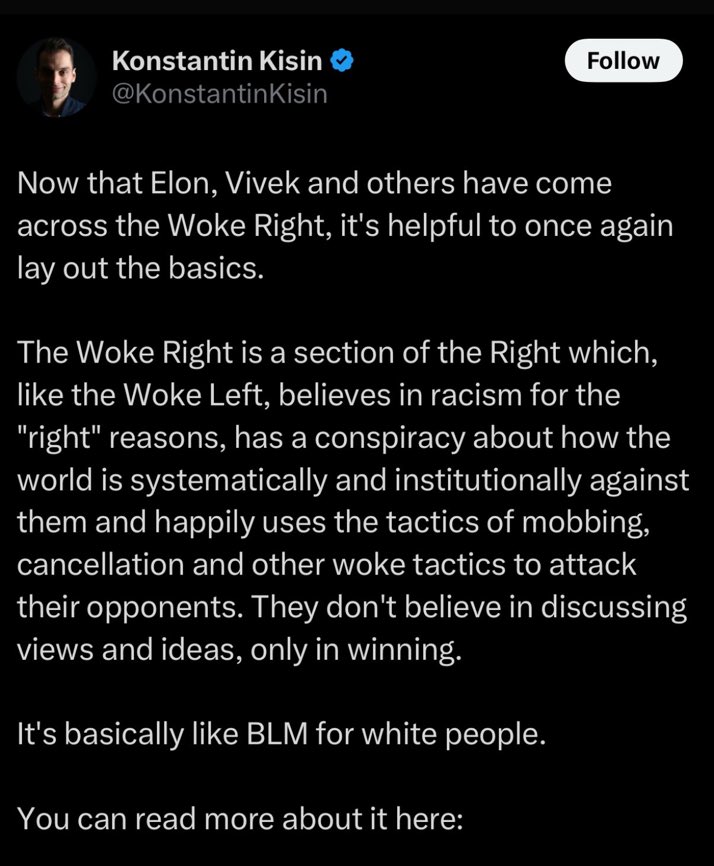 Frank DeScushin (@frankdescushin) on Twitter photo “They don’t believe in discussing views and ideas, only in winning,” Kisin says of the people he labels “Woke Right” in an attempt to dismiss their ideas and prevail over them.
Hey, <a href="/KonstantinKisin/">Konstantin Kisin</a>, labeling opponents a term to brand them beyond the pale is a woke tactic. “They don’t believe in discussing views and ideas, only in winning,” Kisin says of the people he labels “Woke Right” in an attempt to dismiss their ideas and prevail over them.
Hey, <a href="/KonstantinKisin/">Konstantin Kisin</a>, labeling opponents a term to brand them beyond the pale is a woke tactic.