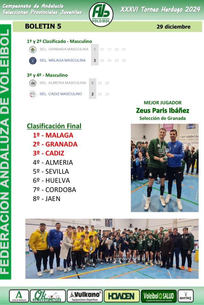 BOLETÍN 5
 Campeonato de Andalucia
 Selecciones Provinciales Juveniles
    - Torneo Herdugo -
<a href="/DeporteAND/">Andalucía es Deporte</a>
<a href="/TodovoleySpain/">Todovoley</a>
@supervoley