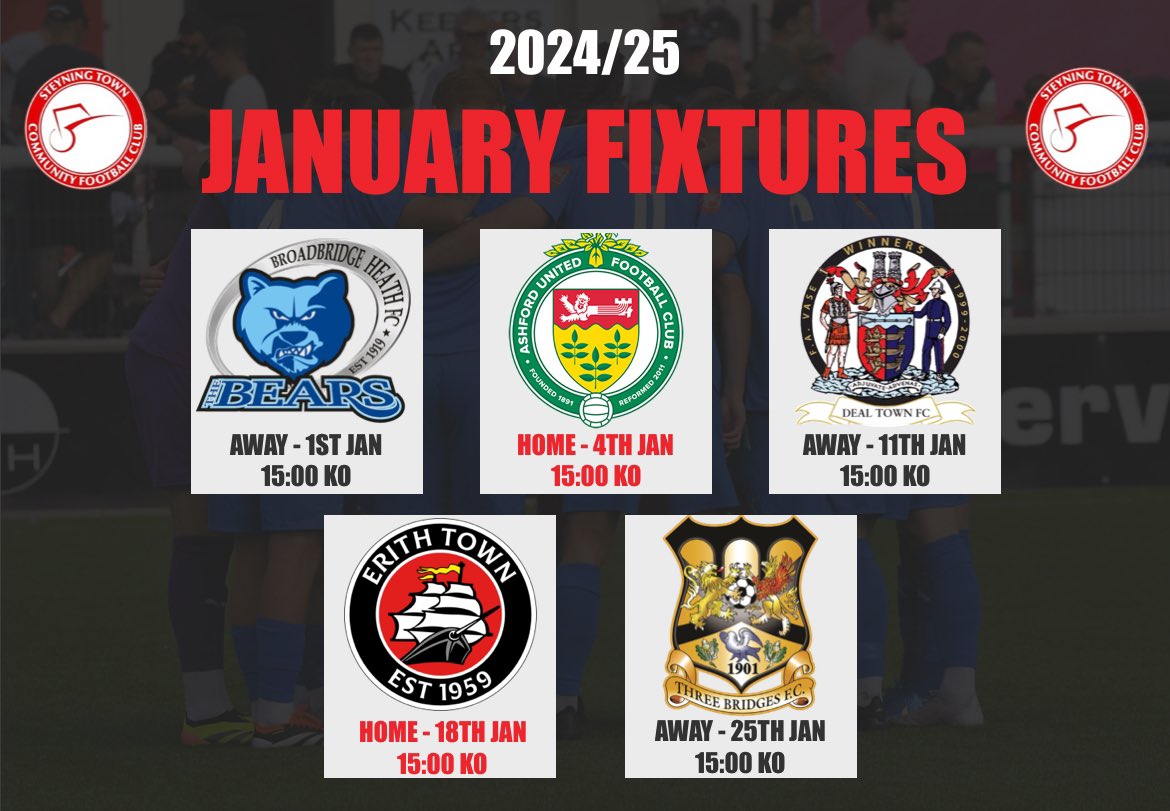 SteyningTown's tweet image. As a memorable year for the club draws to a close, let’s take a look at next month upcoming fixtures! 

1st 🆚 @thebearsbbhfc (A) 
4th 🆚 @AshfordUnitedFC (H) 
11th 🆚 @DealTownFC (A)
18th 🆚 @ErithTown (H) 
25th 🆚 @ThreeBridgesFC (A)