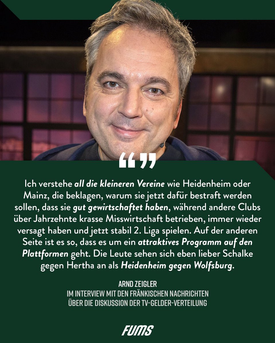 Wie ist eure Meinung in der TV-Gelder-Debatte? Sollten Vereine mit hohen Einschaltquoten bei der Verteilung stärker berücksichtigt werden? 🧐👇 #Zeigler 

___
Attraktives Programm: <a href="/fums_magazin/">FUMS</a>