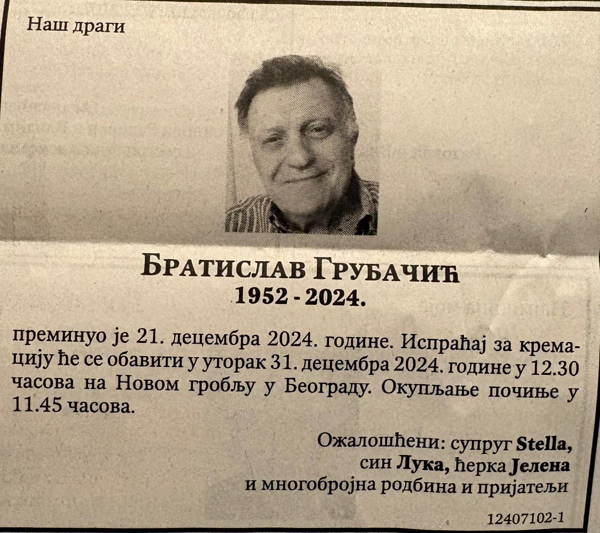 Preminuo je Bratislav Braca Grubačić, dugogodisšnji izdavač VIP Daily News Reporta. 
Bio je moj prvi poslodavac i veliki učitelj.
Neka mu je večna slava.