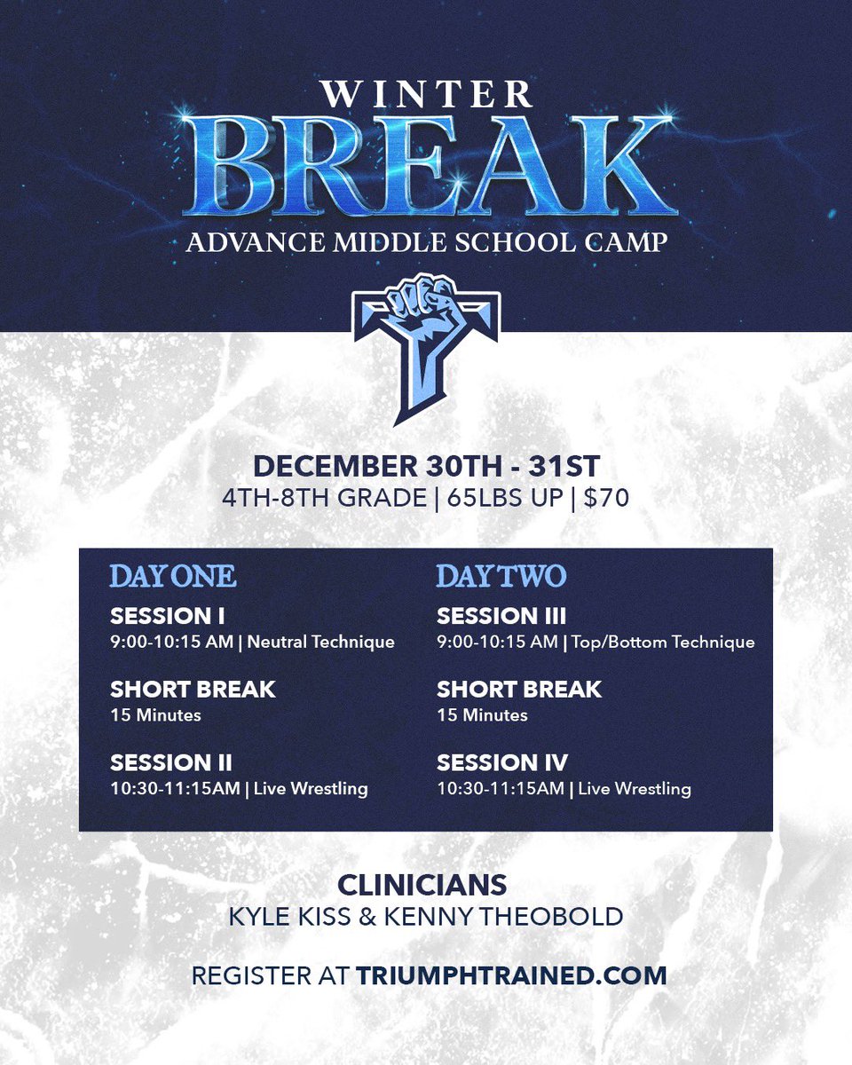 Camp starts tomorrow!

Registration: triumphtrained.com/winterbreakcamp
