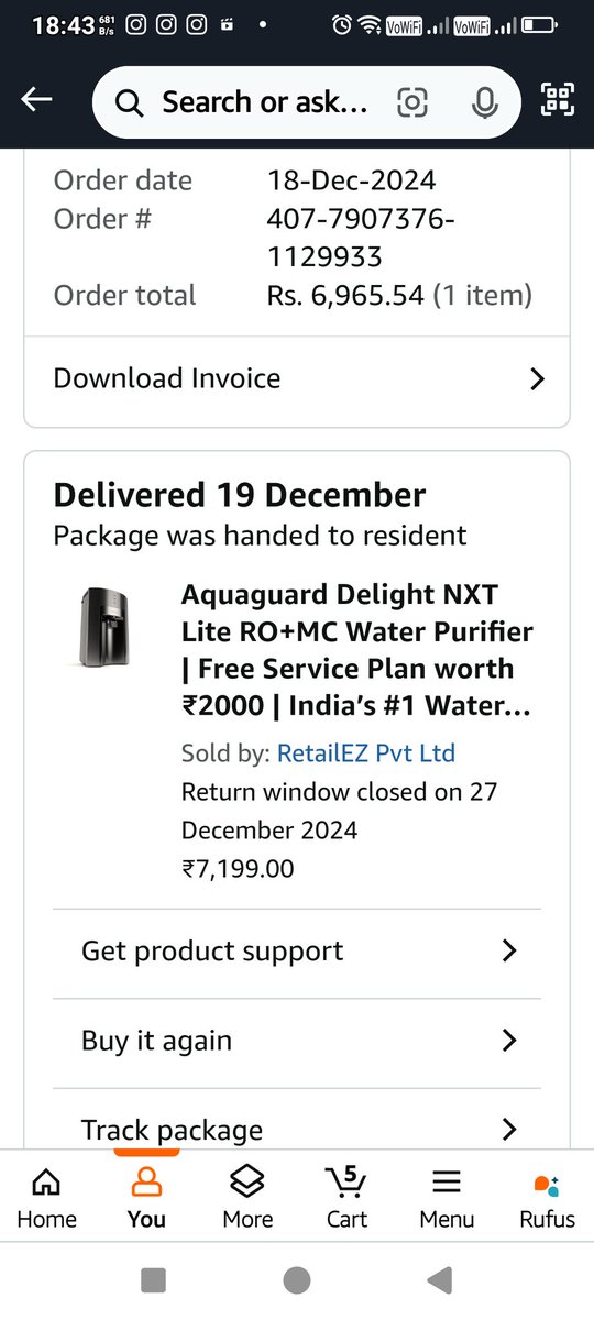 sikanderbang's tweet photo. Placed an order for Eureka Forbes 18-Dec-2024
Order #
407-7907376-1129933
Order total
Rs. 6,965.54 (1 item)
Vide the details mentioned above  Placed on 18th December 2024 and delivered on 19th December 2024 ... installation committed on 25th December 2025 , no calls nor response https://t.co/PST0PVtAK2