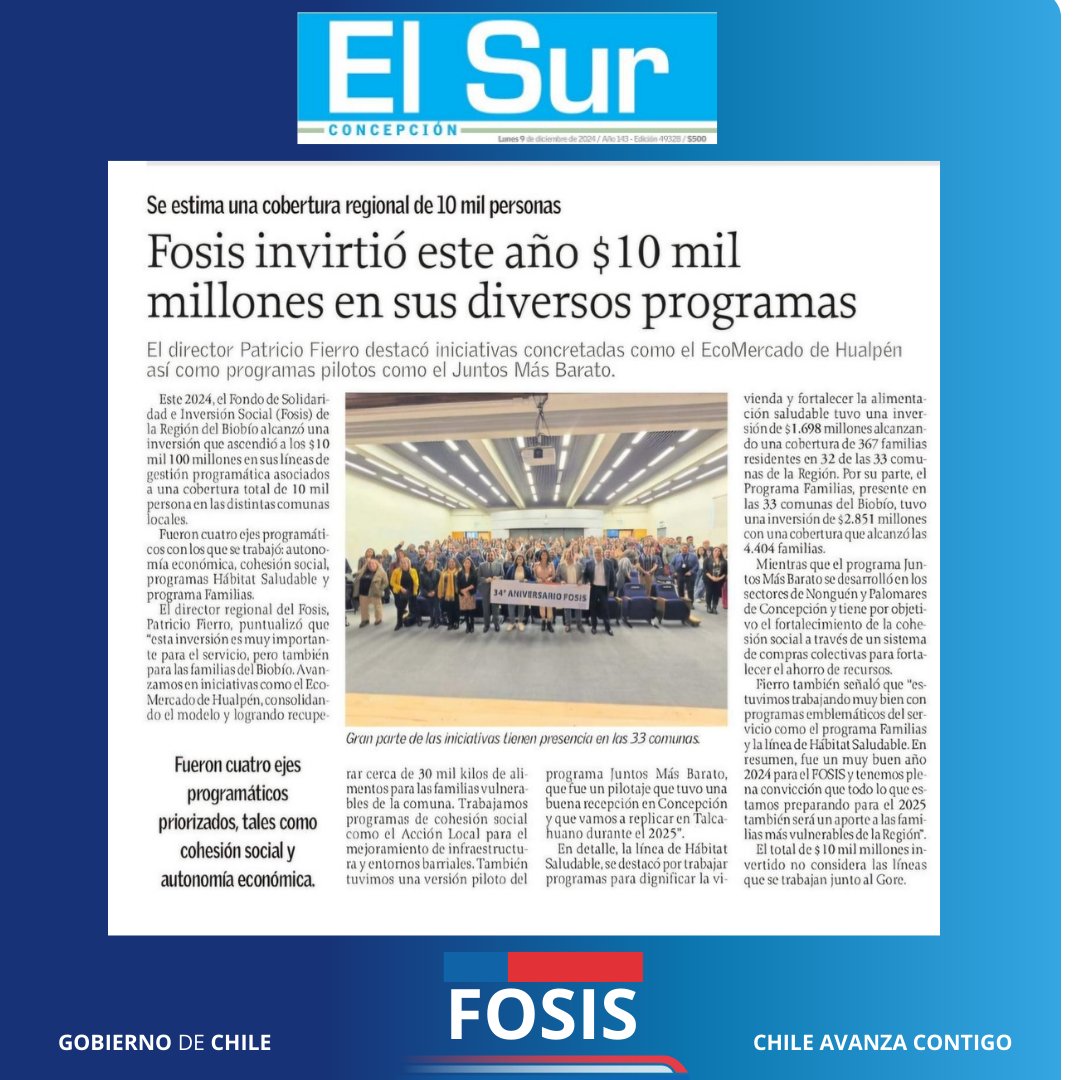 Hermosa mañana de domingo ☕️🗞️
Agradecemos junto al equipo de <a href="/fosis_biobio/">FOSIS Biobío</a> la nota de <a href="/elsurcl/">Diario El Sur</a> que pone en relieve el trabajo de todo un equipo de compañeras y compañeros de trabajo durante el año 2024 para el bienestar de personas, familias y grupos de la Región del Biobío.