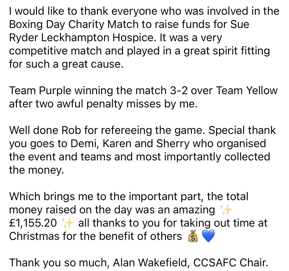 CCSAFC's tweet photo. Thank you to everyone who attended or supported our annual Boxing Day football match to raise funds for Sue Ryder. We raised an incredible £1,155.20 ✨💙 https://t.co/933IJlQZ83