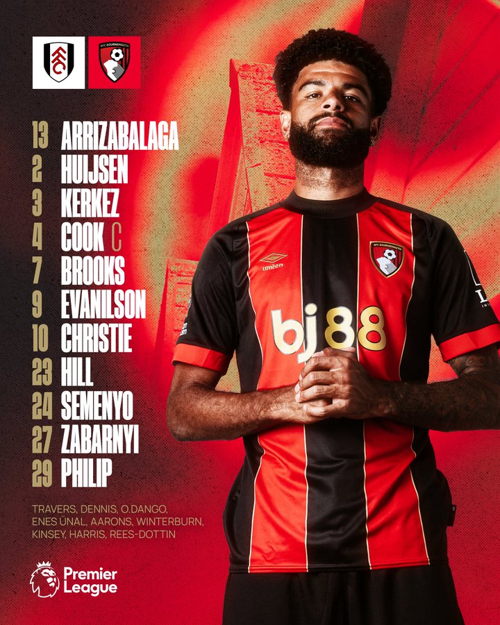 AFC Bournemouth team against Fulham. Arrizabalaga, Huijsen, Kerkez, Cook (C), Brooks, Evanilson, Christie, Hill, Semenyo, Zabarnyi, Philip.
