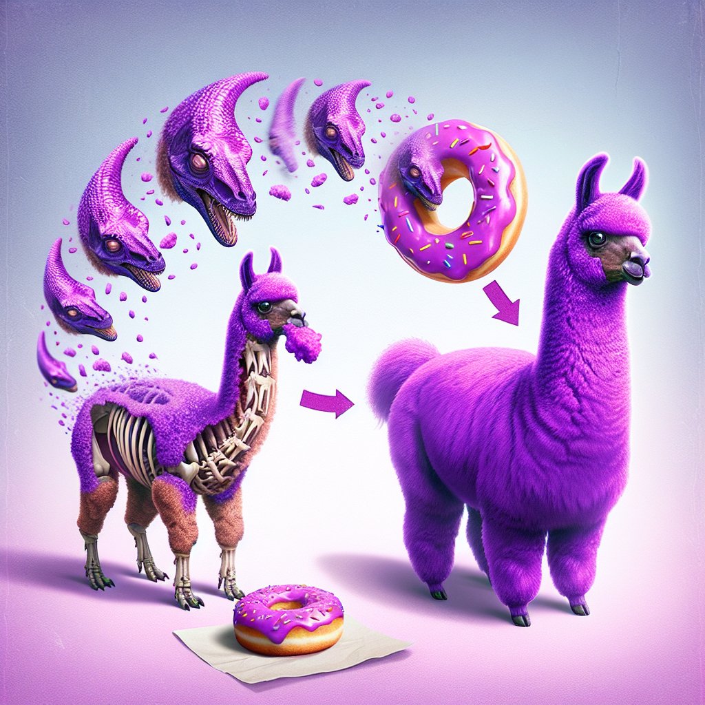 OfficialPicket's tweet photo. Picket's primary color is purple and so is the llama in this photo so not off brand at all and an excuse to say... AI is so freaking good at making Llamas!!! Also the llama, dino, donut combo is umm...  shocking &amp; amazing... https://t.co/hvu3bNz4GZ