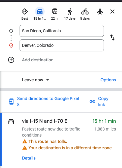BenCEO's tweet photo. @Colorado_Buyer @DisrespectedThe It's kinda funny how even with the worst proof in existence it's still makes no sense on its face. What about driving?

SF > Denver: 1083 miles. 
Denver > SF: 1078 miles.

It's 5 miles longer, and it takes 30 minutes longer? https://t.co/0W44kbG5G9