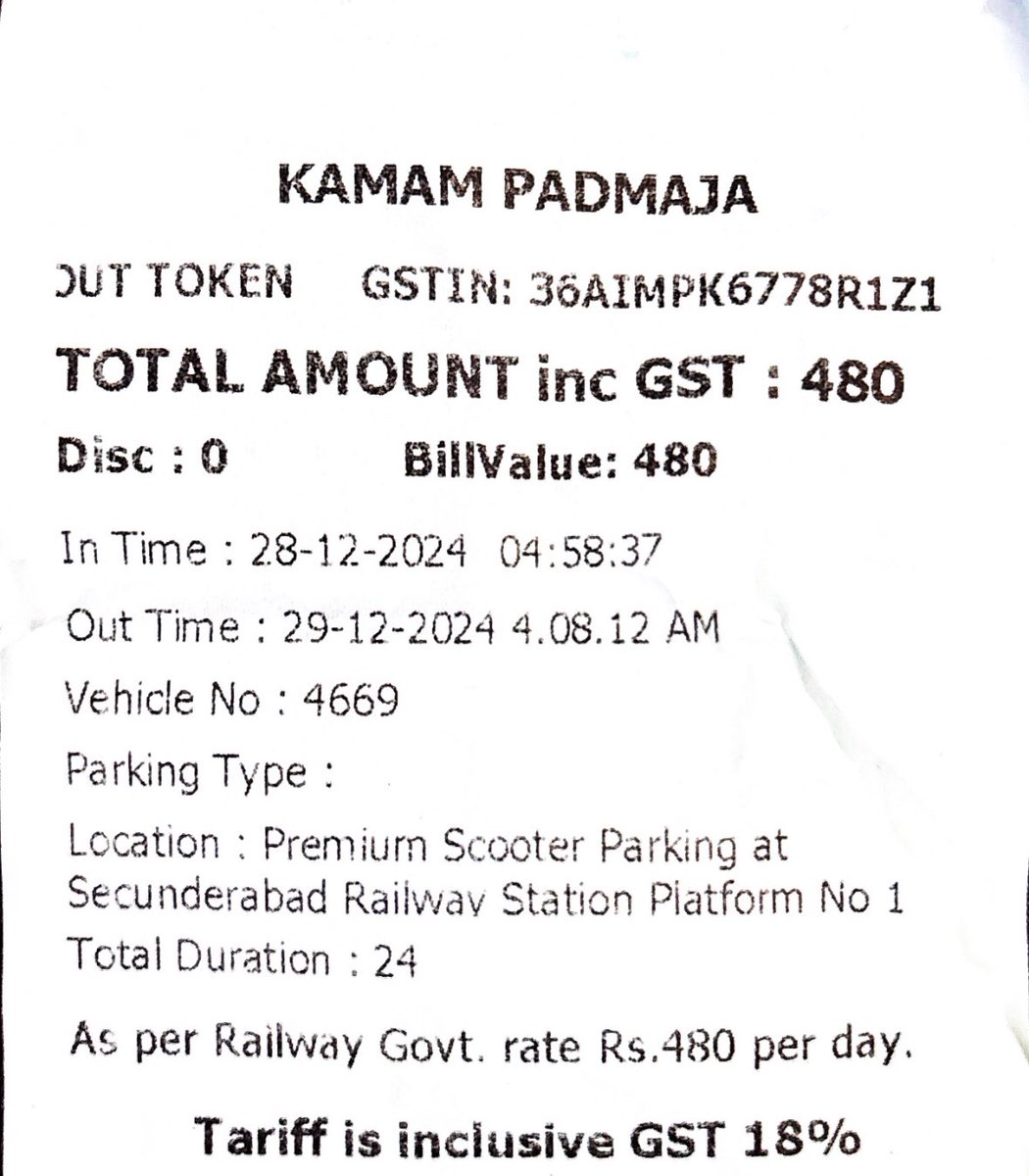 BHASKAAKULA's tweet photo. @AshwiniVaishnaw @RailwaySeva @RailMinIndia @SCRGM  Sir Secunderabad Railway station scooter parking only one day 24 hours charge Rs 480/-  Sec’bad to Vijayawada 350 KMS Ticket price Rs 130/- Parking Rs 480/- general public suffering huge parking charges. Sir plz see this issue🙏🏻 https://t.co/2mNty0eR5F
