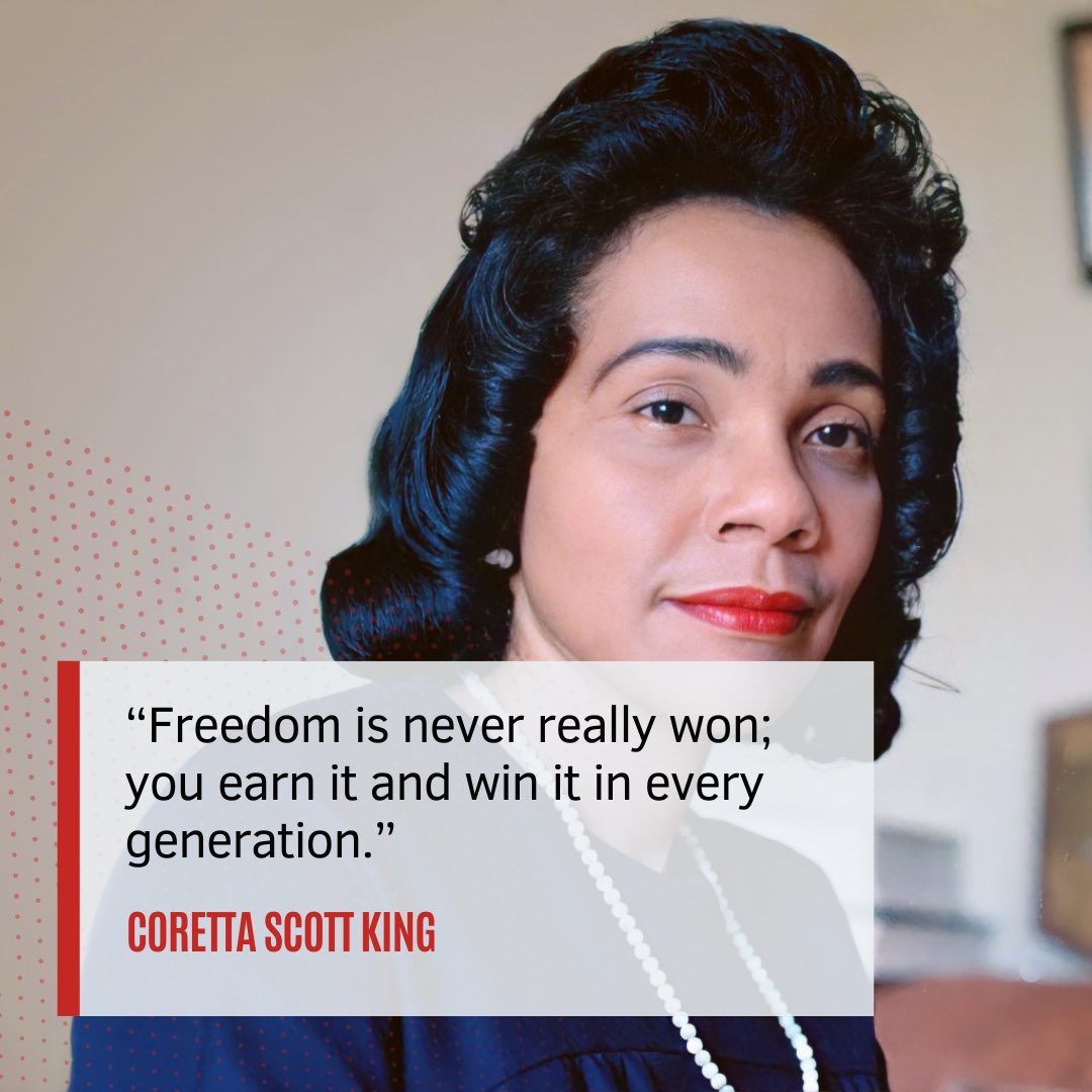 BerniceKing's tweet photo. “Freedom is never really won; you earn it and win it in every generation.” #CorettaScottKing

My mother’s words remind us that freedom is not guaranteed—it requires ongoing commitment, courage, and action.

Let this be a call to rise, stand firm, and continue the fight for freedom in our time and for future generations. Together, we can build a world rooted in justice, equity, and peace.

#MissionPossible #Nonviolence365 #CorettaScottKing #Freedom #BelovedCommunity #CSK