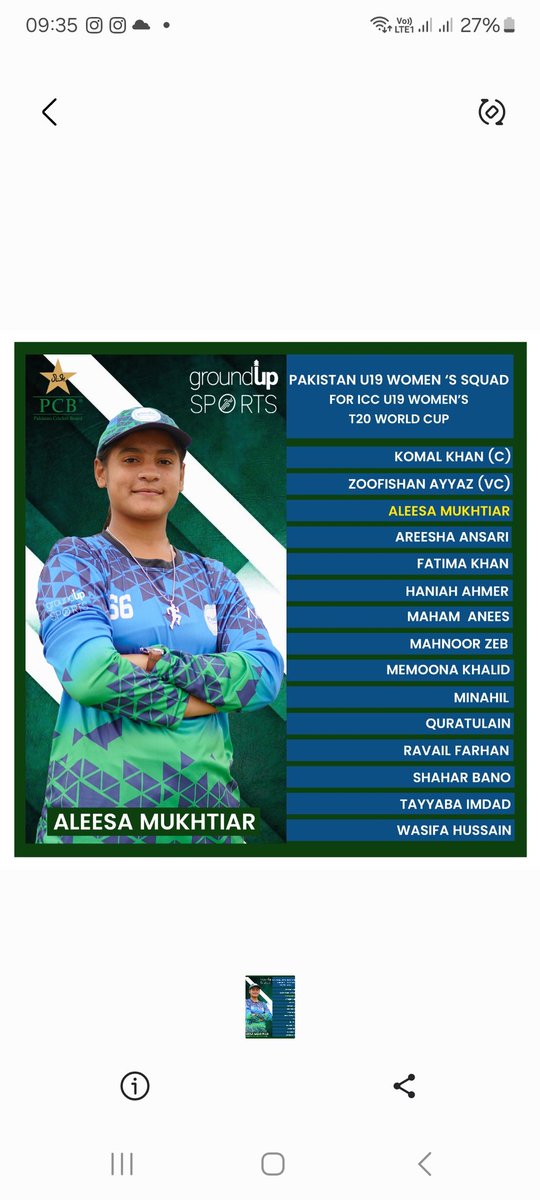 GroundUp_Sports's tweet photo. Let's rally behind GroundUp Sports Aleesa Muktiyar &amp; Team Pakistan U19 as they take on ICC Women's T20 World Cup 2025! 

Credit to GroundUp Cricket Coaches &amp; Staff for nurturing her talent! 

#PakistanU19 #T20WorldCup #Cricket #WomenEmpowerment #PakistanCricket #Cricket #Pakistan https://t.co/kWGdyQkRbx