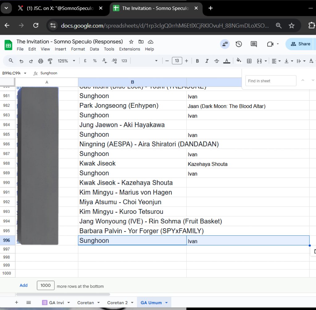 NarumiINTS's tweet image. Apa lagi ya yang bisa saya sampaikan.. Hm… OH IYA.

Makasih karena berkat ngerekap GA Somno Speculo, saya merasakan “add more rows” di google sheet… Ini pertama kalinya saya ngerekap GA tembus sampai 1984 usernames. Beneran duduk depan laptop dari jam 9 pagi sampai 10 malam.