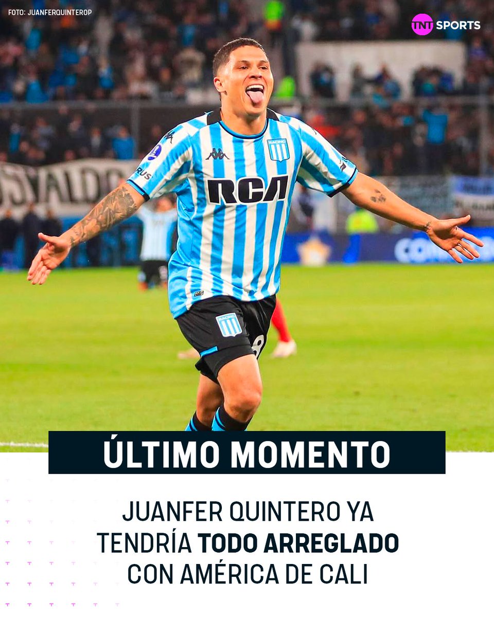 TNTSportsAR's tweet photo. Juanfer QUINTERO ya tendría TODO ARREGLADO con América de Cali. El contrato por 3 años ya lo tiene y estaría todo OK con el jugador.

▶️ Se convertiría en el MEJOR PAGO del fútbol colombiano. Lo único que falta es que llegue una oferta formal a Racing, lo cual todavía no sucedió.

💰 Más allá de que la cifra oficial que pretende Racing no es oficial, lo que trascendió que es por 5M de dólares se podría dar la salida del club. 

Por ahora: están esperando la respuesta de Roger por la 2da oferta y están a punto de perder a Juanfer.

ℹ️ Iván Gorza