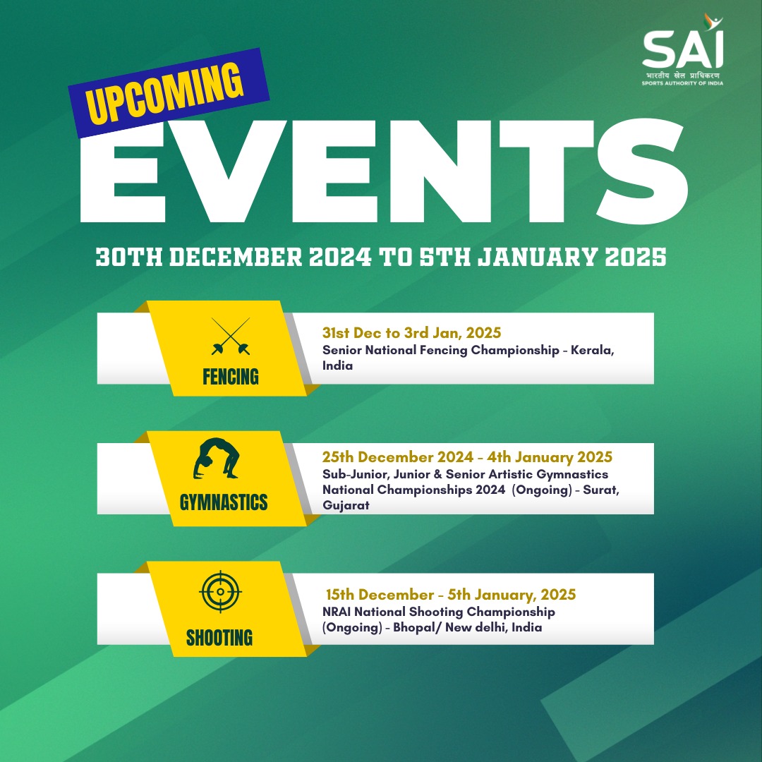 Media_SAI's tweet photo. As we wrap up an incredible year of sports, it's time to look👀 ahead with new energy💪🏻&amp; excitement 🤩.

Thrilling events await to kick off the new year with a bang. 

Swipe right ➡️ to check out the latest schedule!

#Sports #IndianSports #UpcomingEvents #GamesOn https://t.co/3XFcSgd0o0