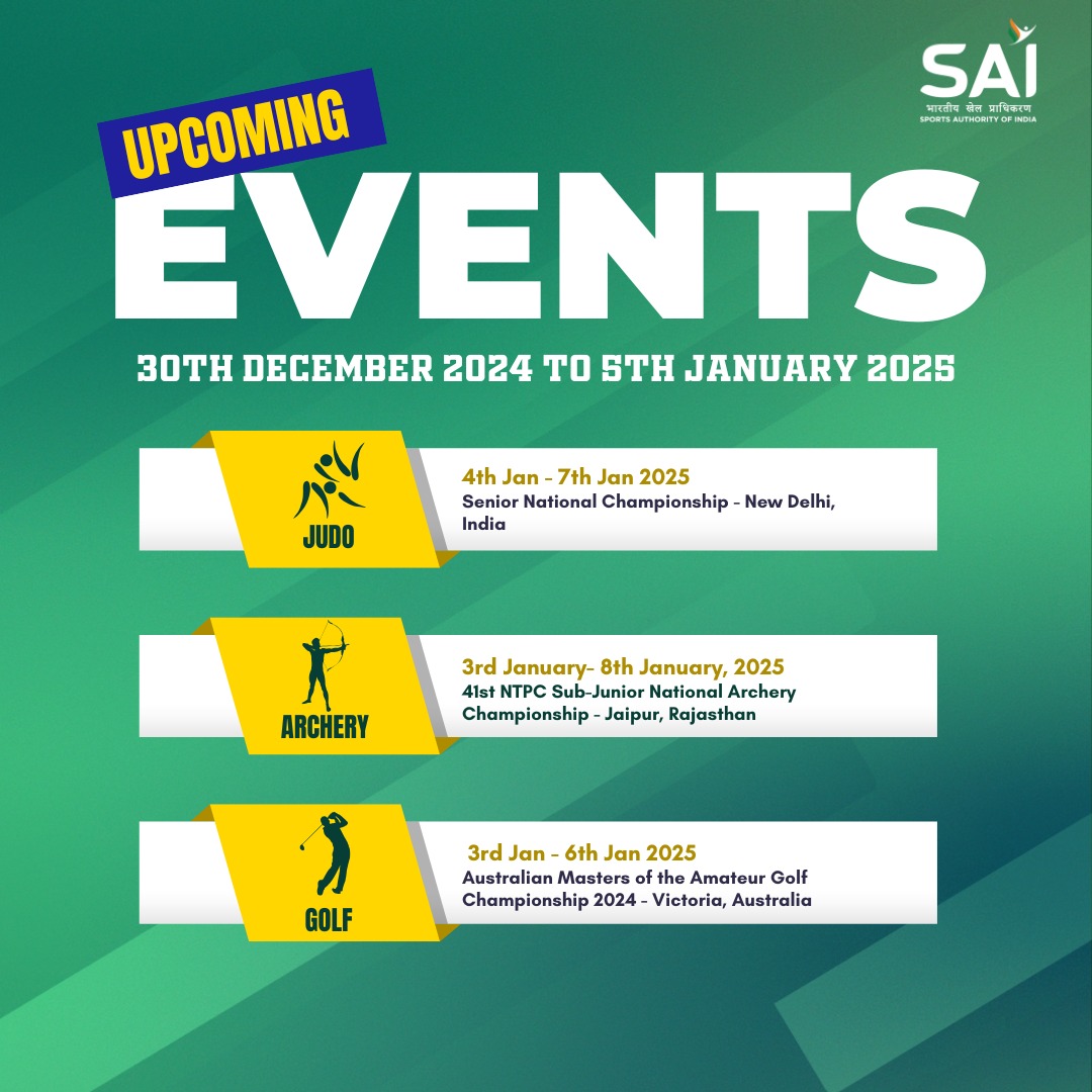 Media_SAI's tweet photo. As we wrap up an incredible year of sports, it's time to look👀 ahead with new energy💪🏻&amp; excitement 🤩.

Thrilling events await to kick off the new year with a bang. 

Swipe right ➡️ to check out the latest schedule!

#Sports #IndianSports #UpcomingEvents #GamesOn https://t.co/3XFcSgd0o0