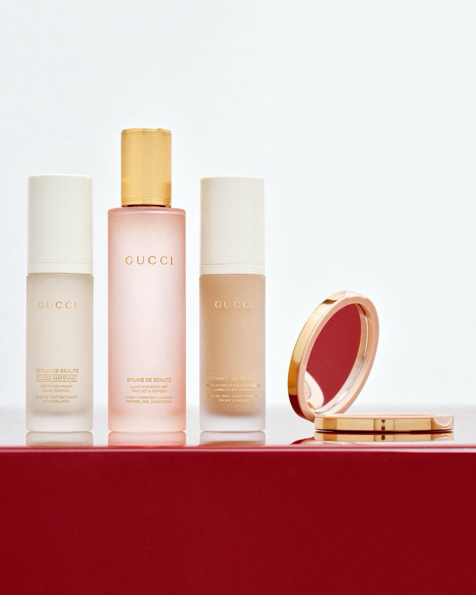 gucci's tweet photo. Reflect holiday radiance with #GucciBeauty’s signature favorites for a natural second-skin look, from the refreshing Brume de Beauté mist to the Éternité de Beauté no-transfer foundation. #GucciMakeup https://t.co/4eLXmEzm8p
